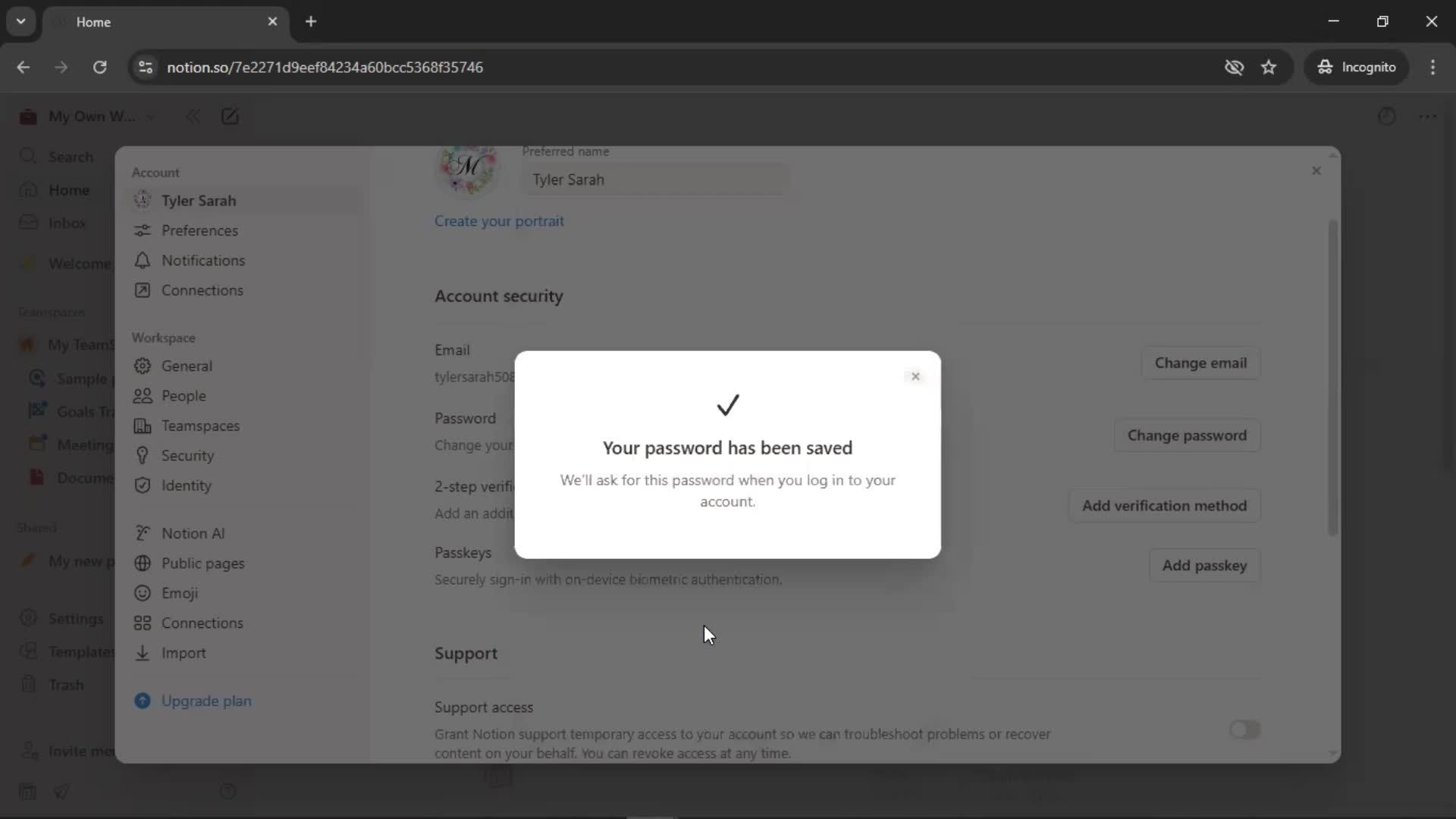 Changing password screenshot