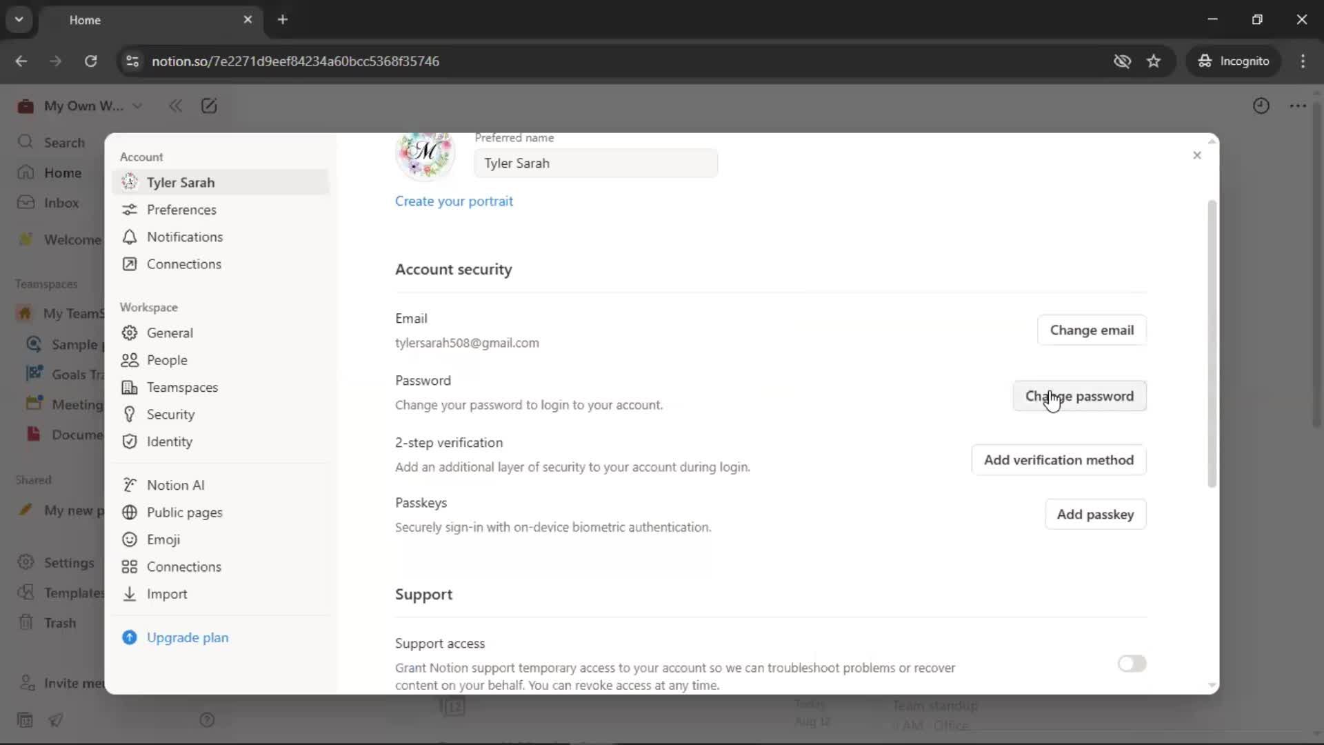 Changing password screenshot