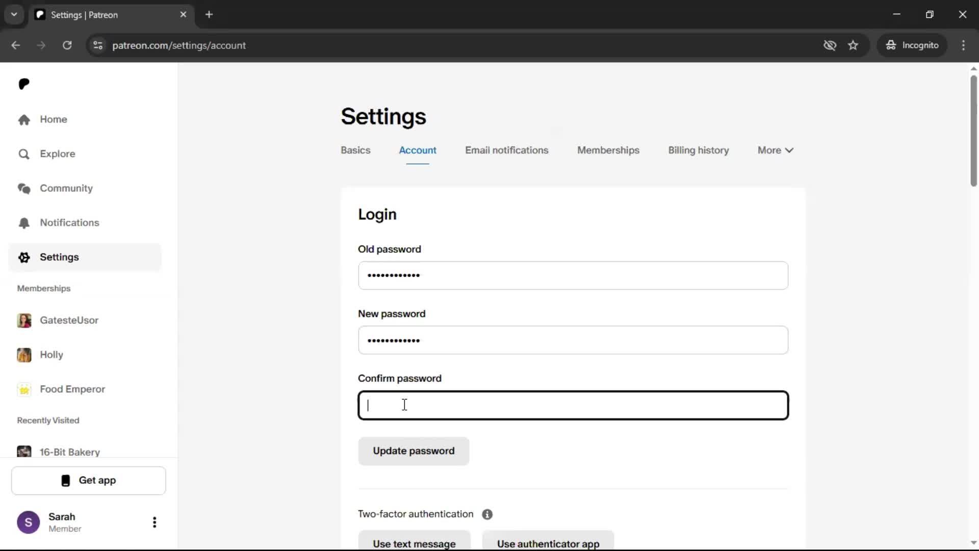 Changing password screenshot