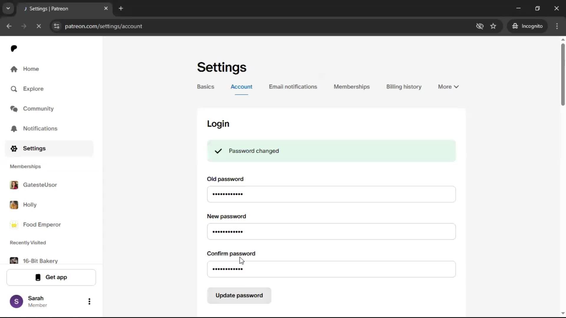 Changing password screenshot