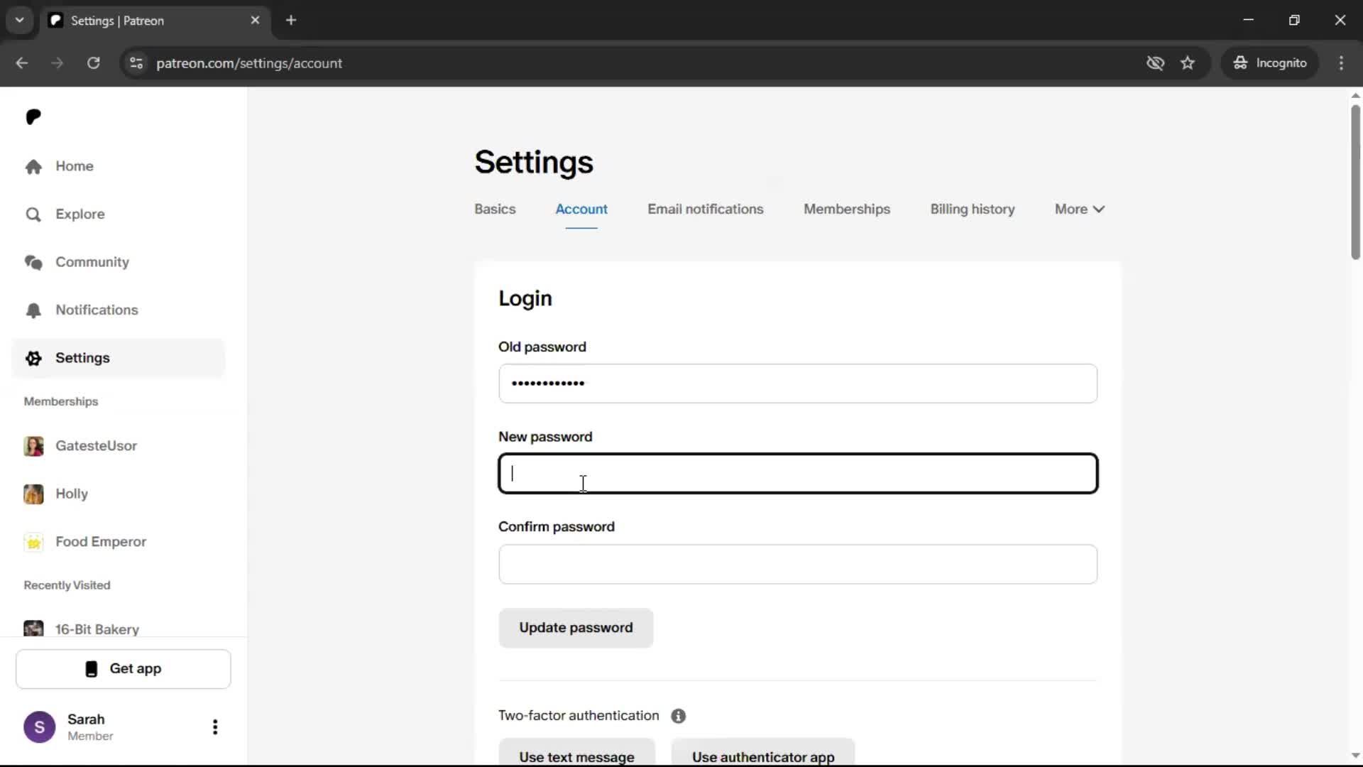 Changing password screenshot
