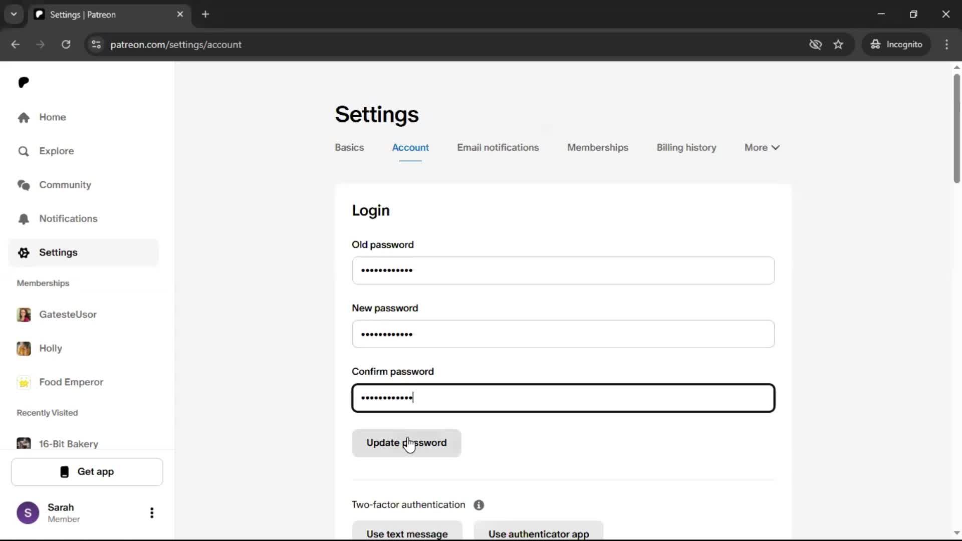 Changing password screenshot