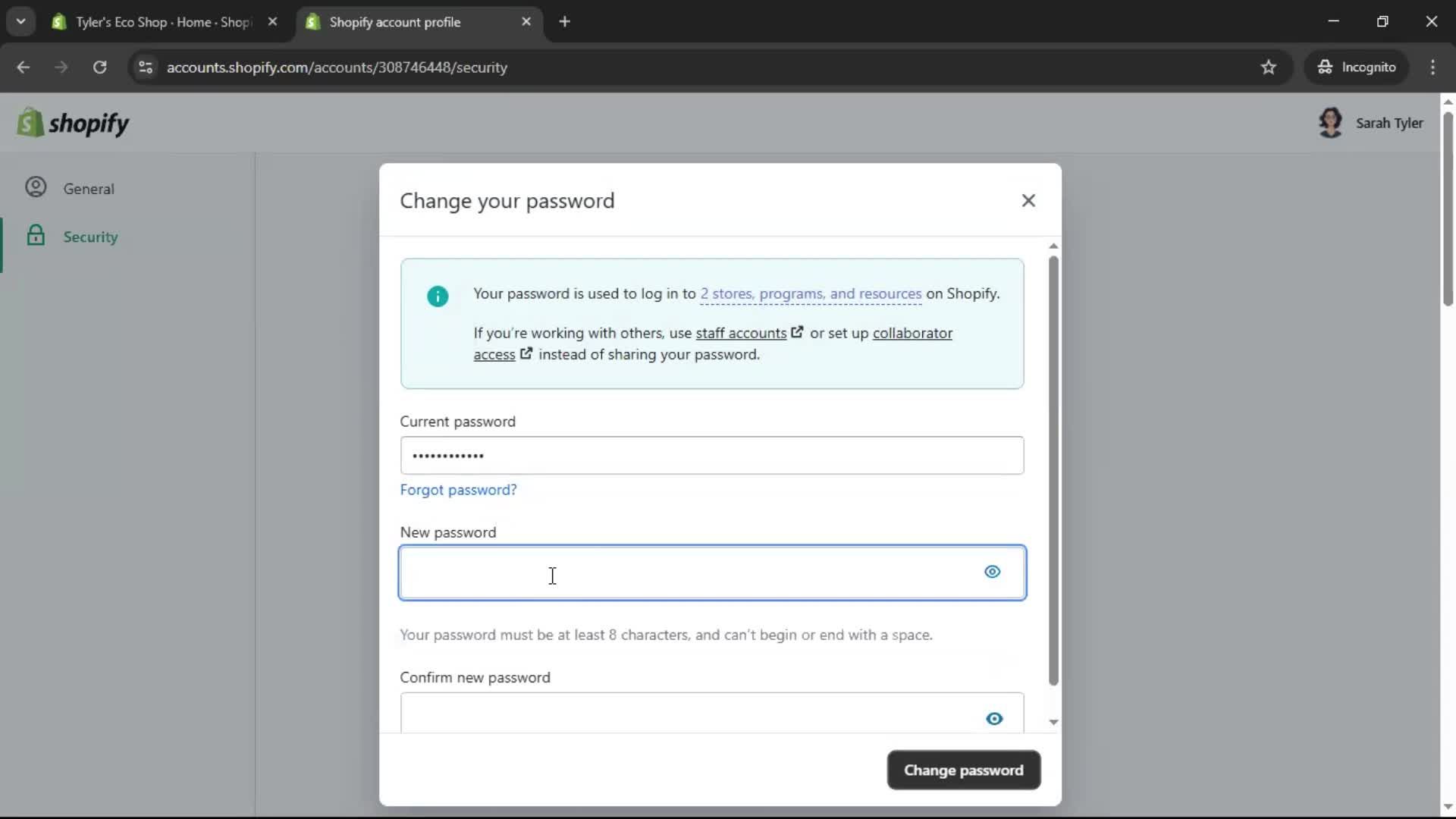 Changing password screenshot