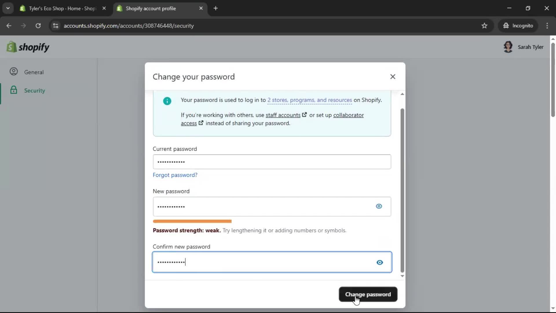 Changing password screenshot