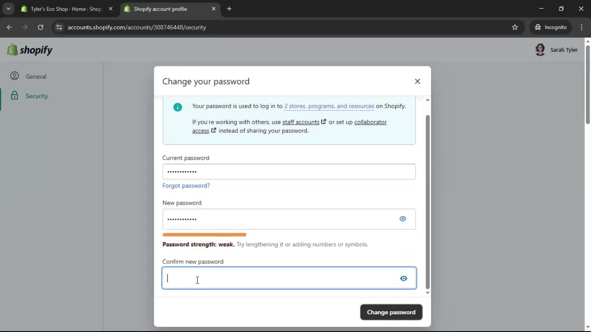 Changing password screenshot