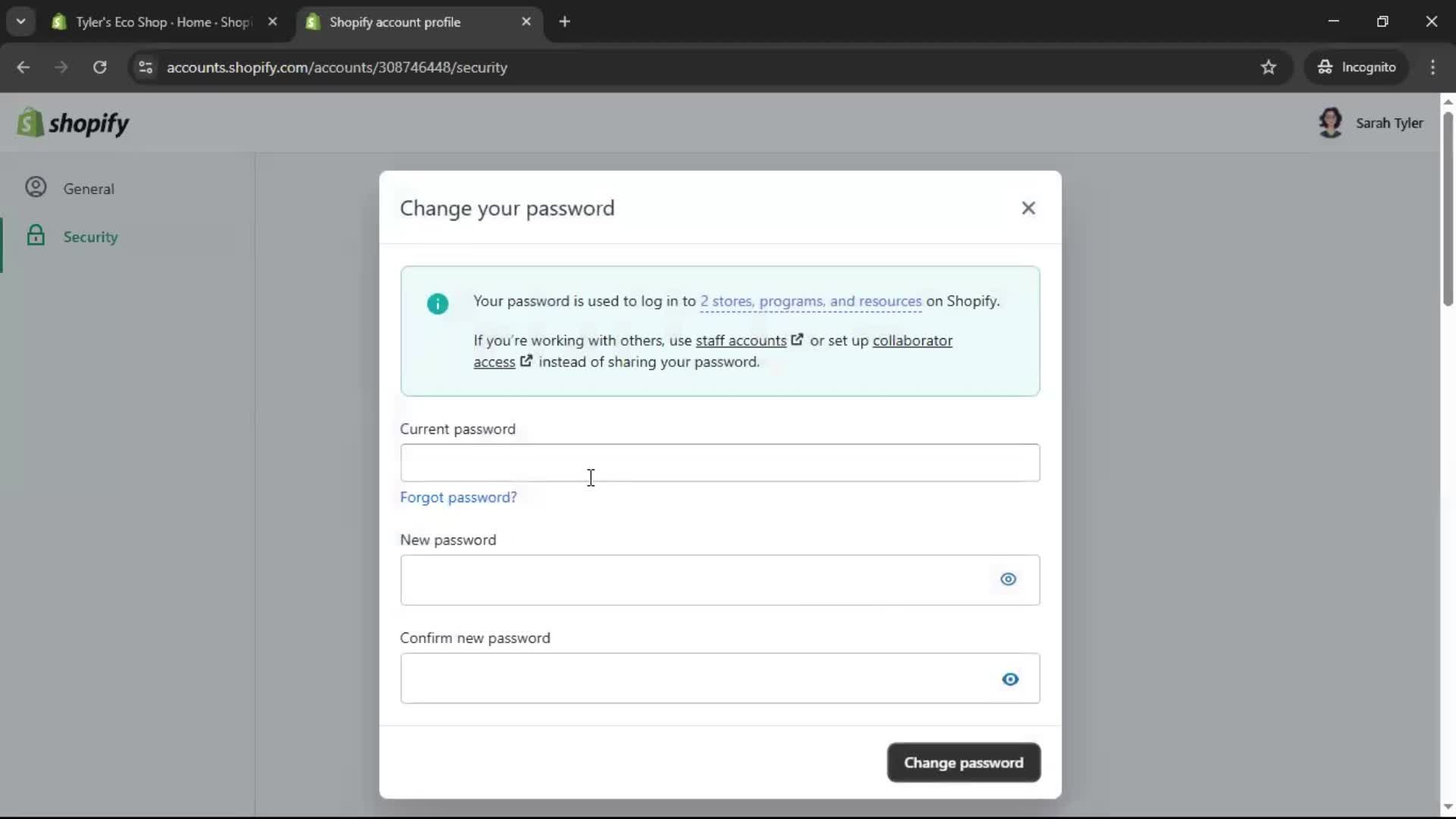Changing password screenshot