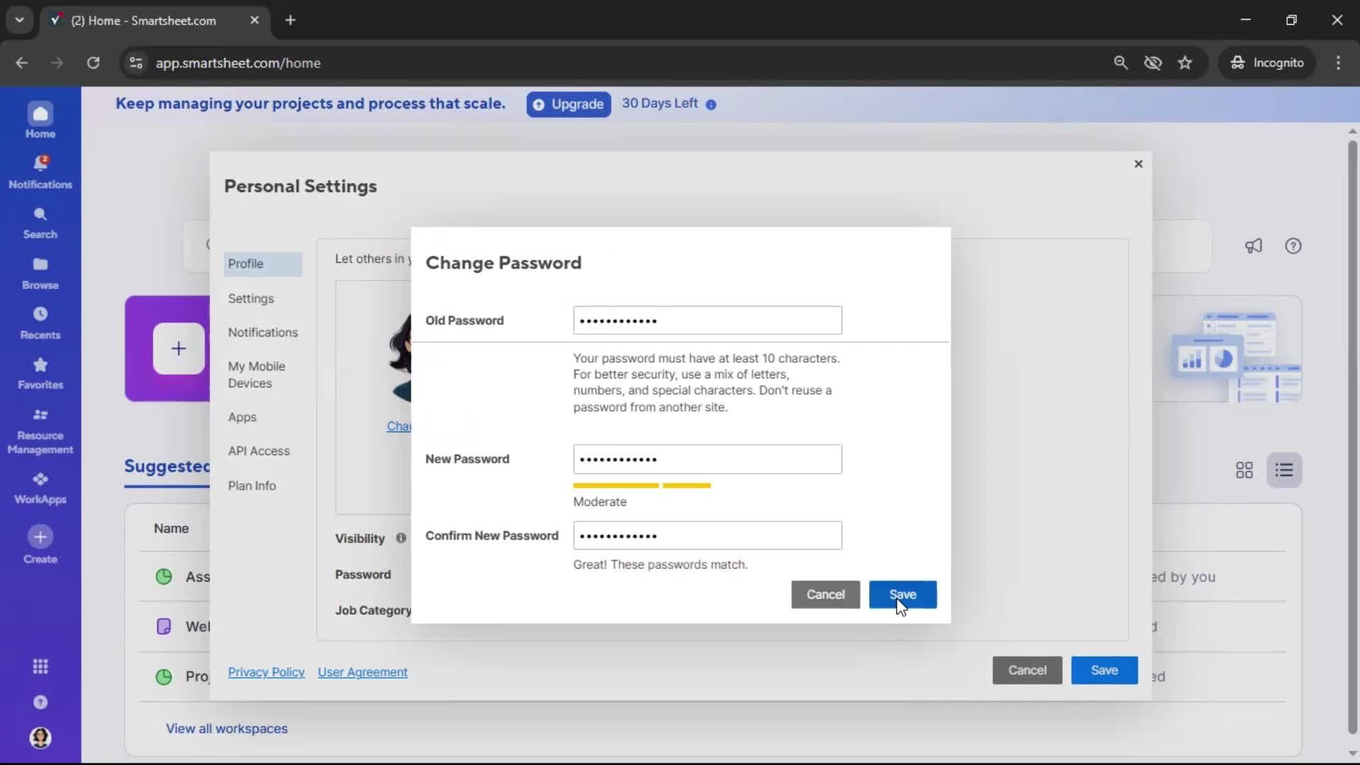 Changing password screenshot