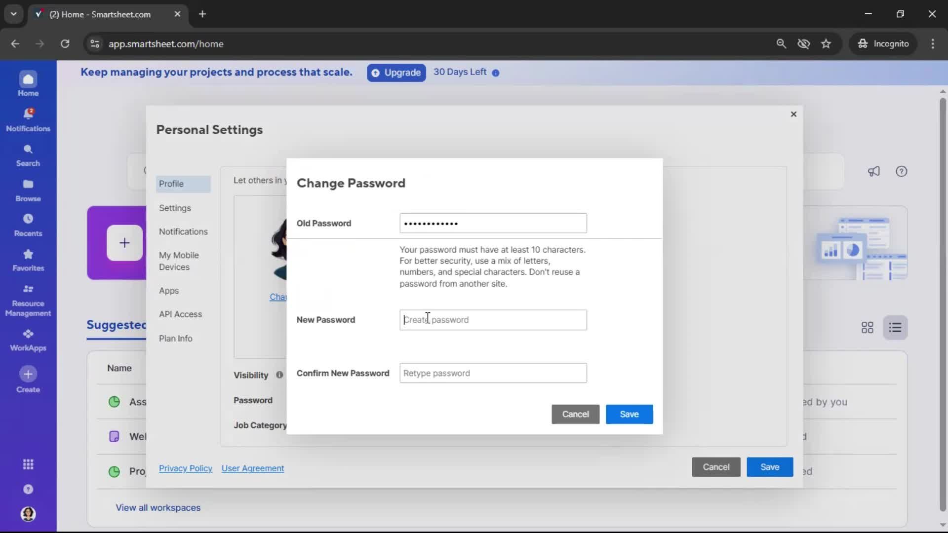 Changing password screenshot