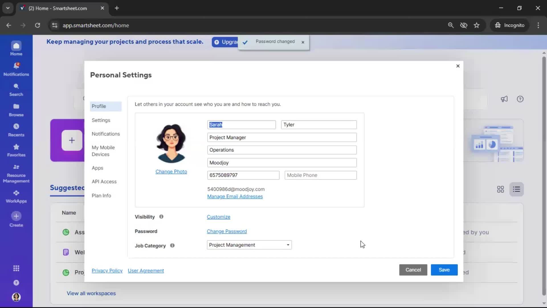 Changing password screenshot