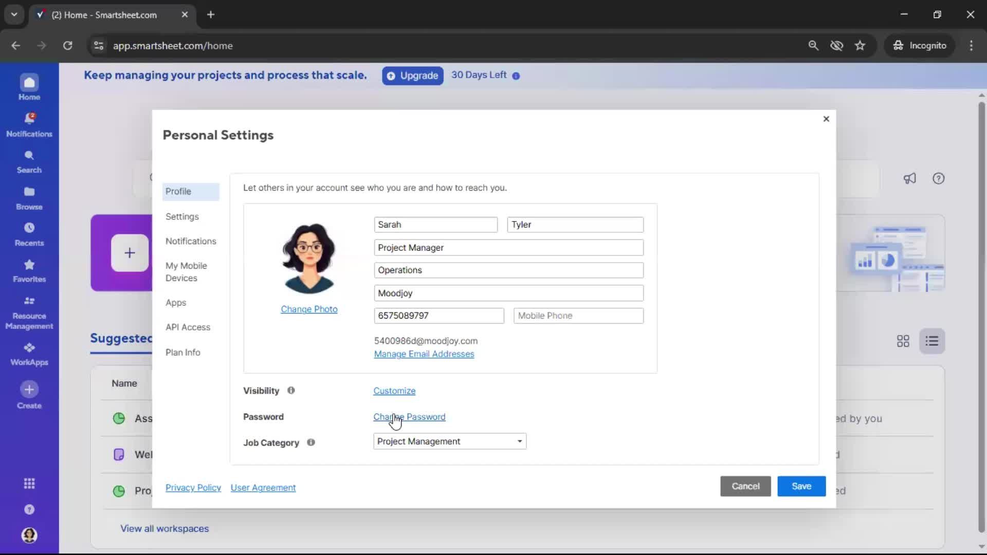 Changing password screenshot