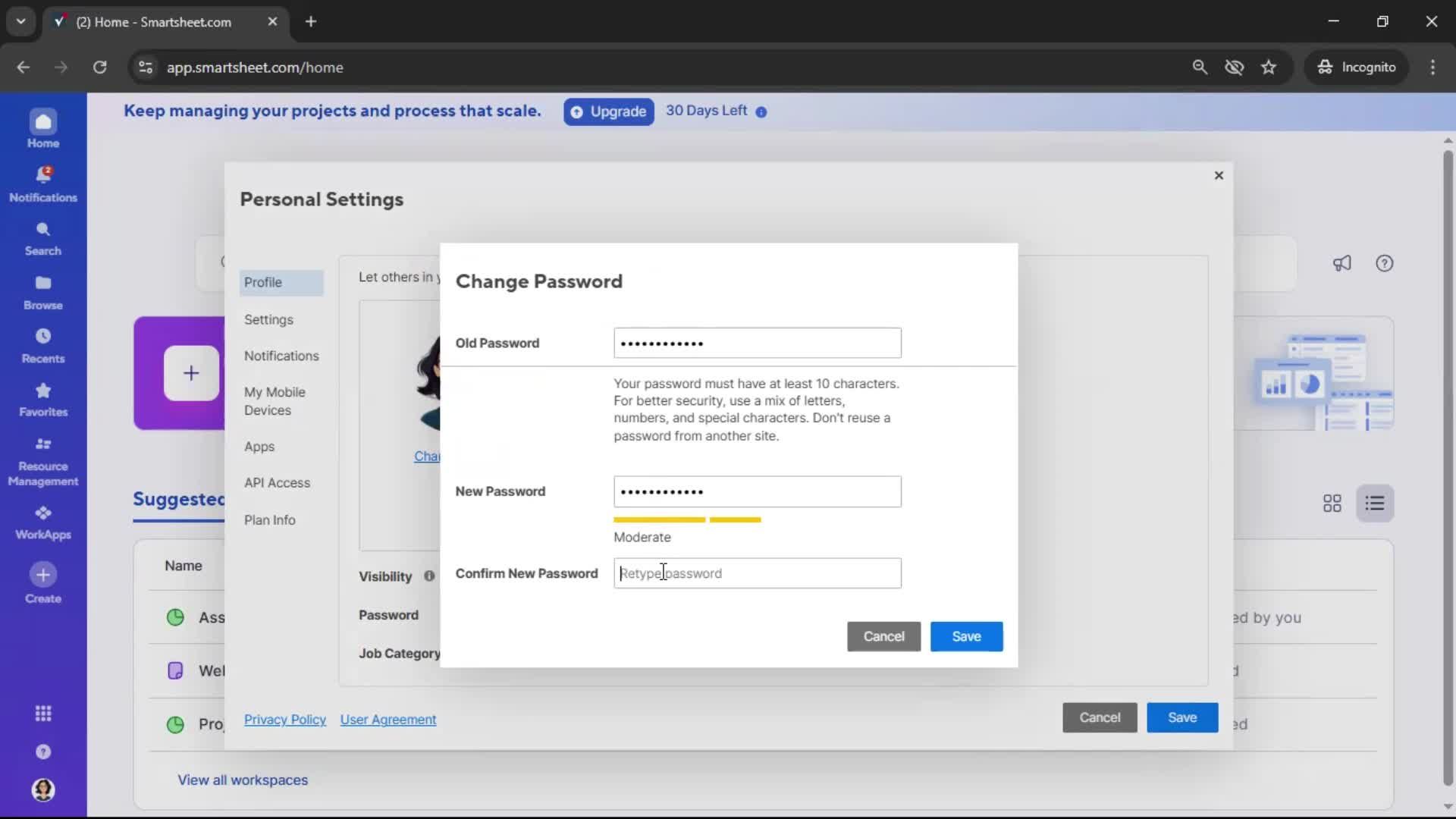 Changing password screenshot
