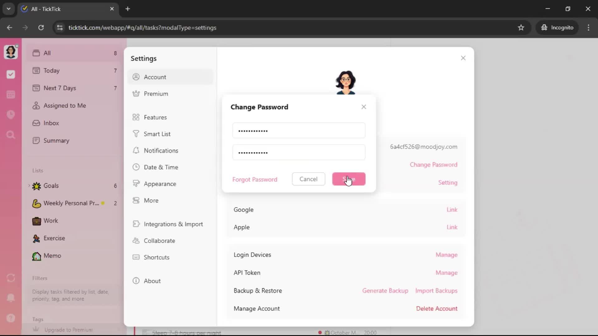 Changing password screenshot