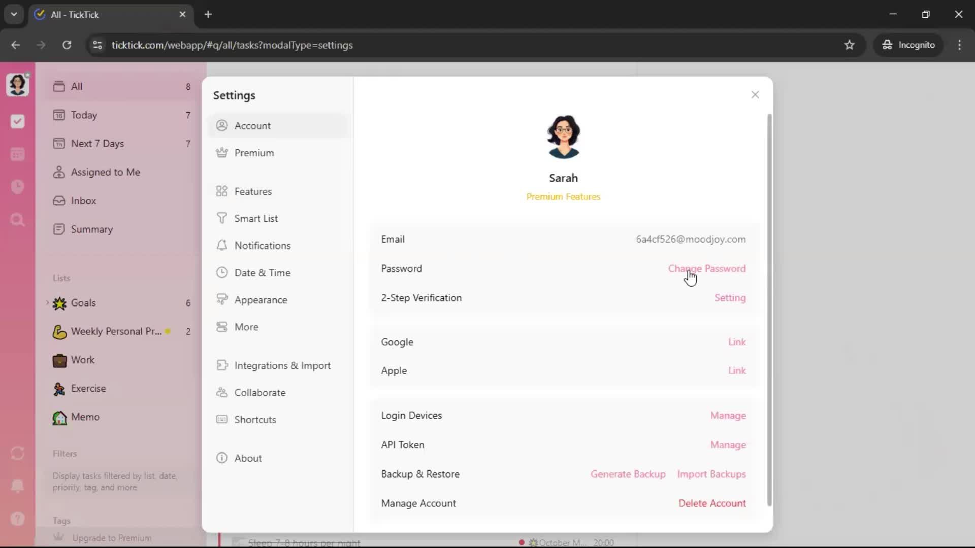 Changing password screenshot