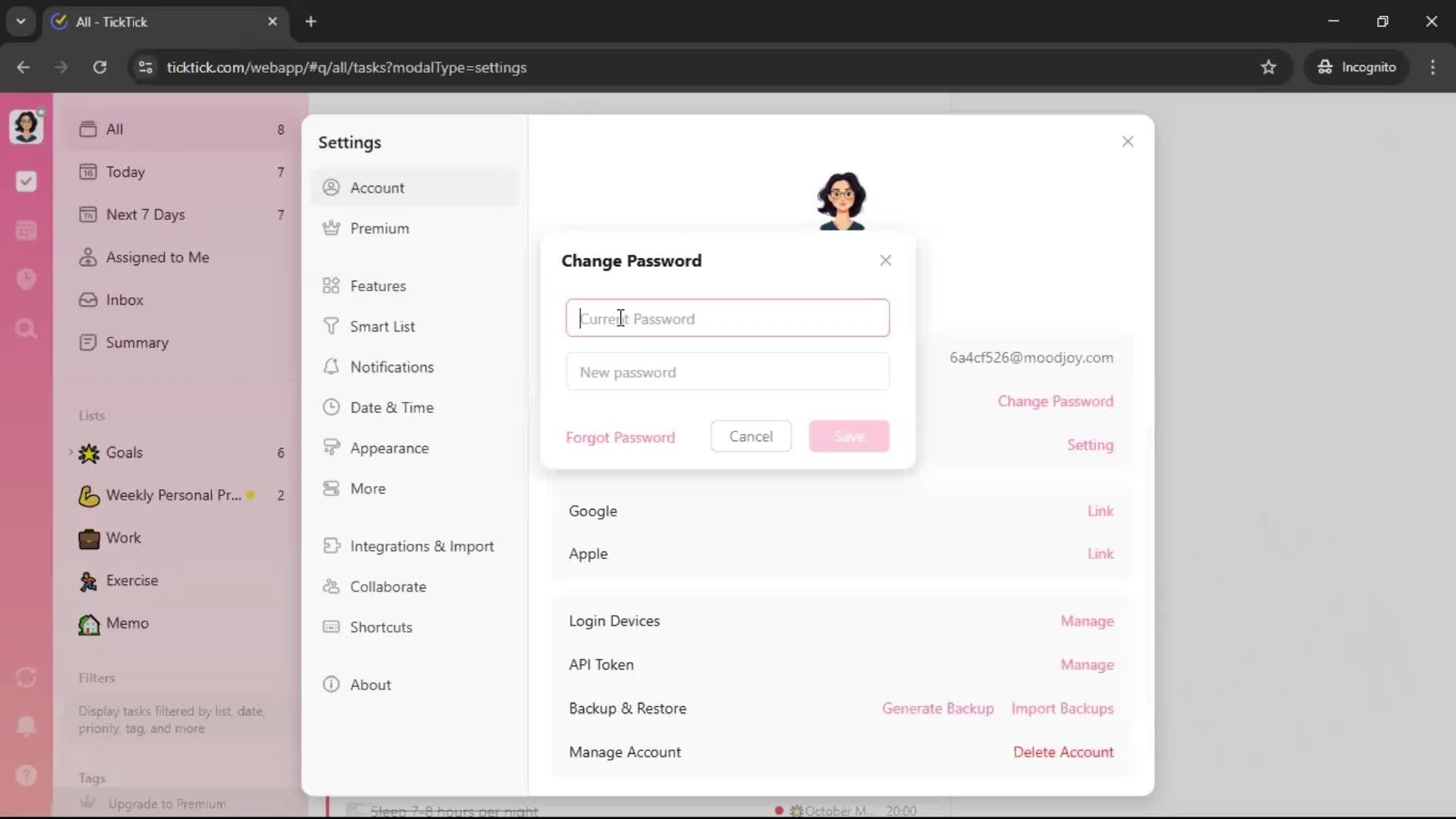 Changing password screenshot