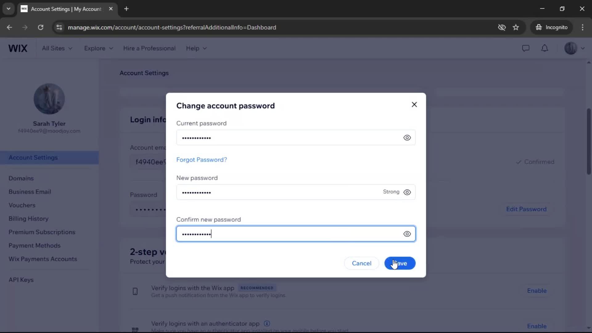Changing password screenshot
