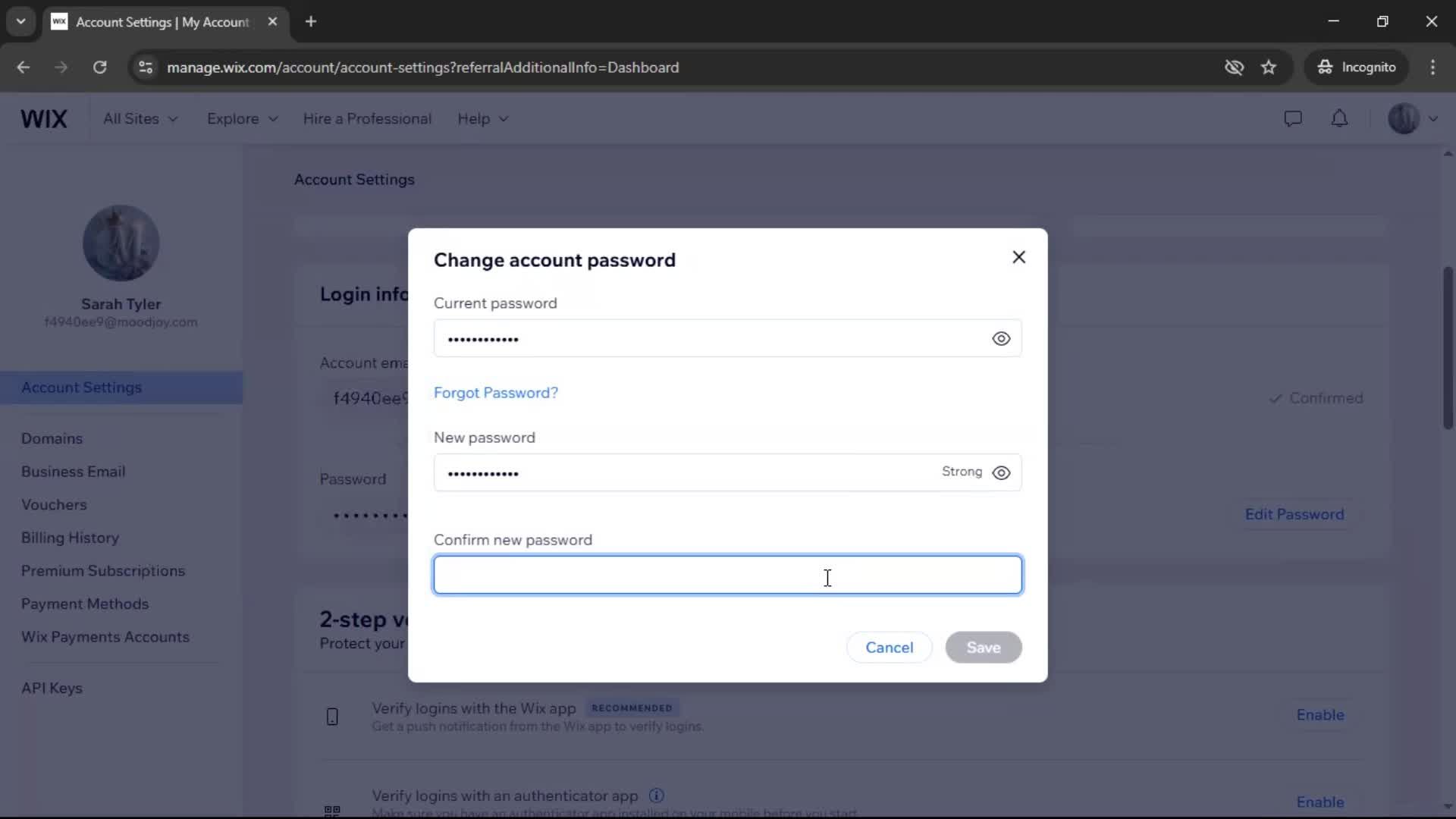 Changing password screenshot