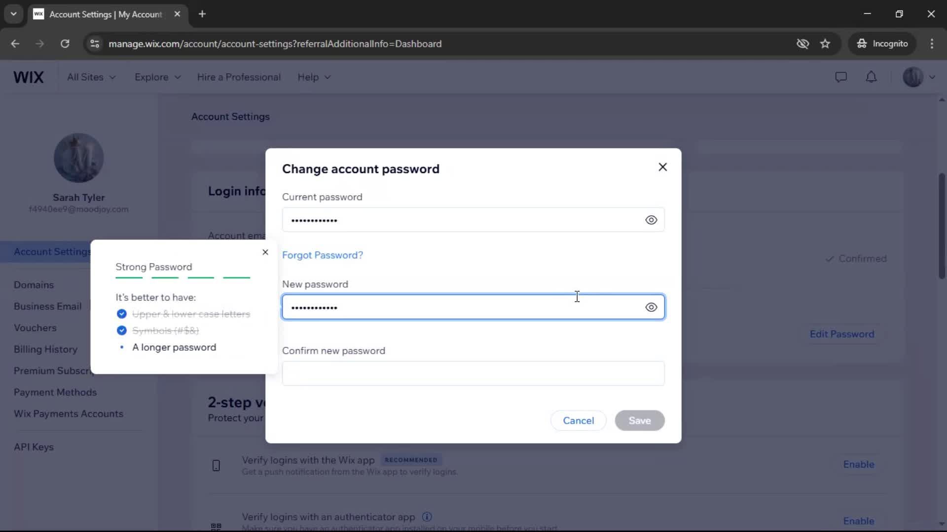 Changing password screenshot