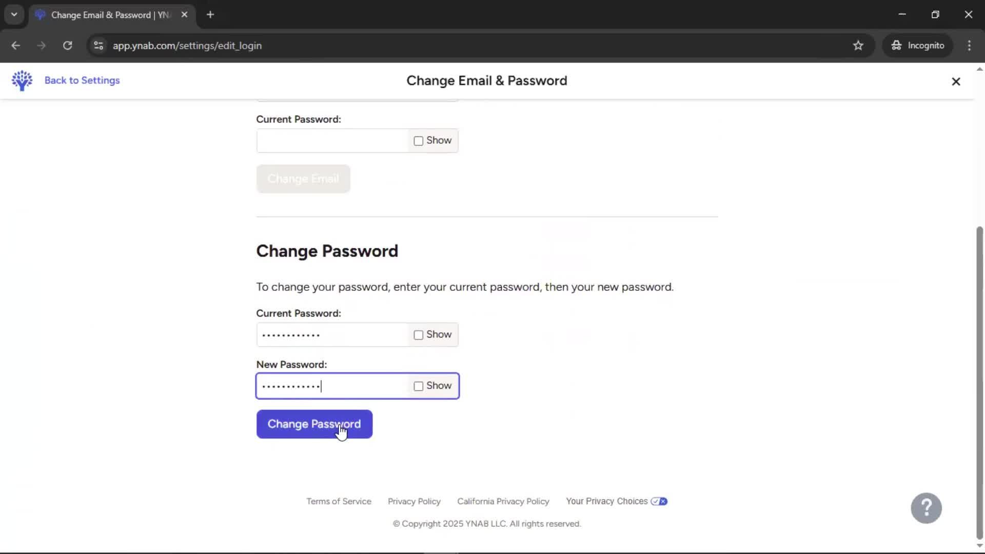 Changing password screenshot