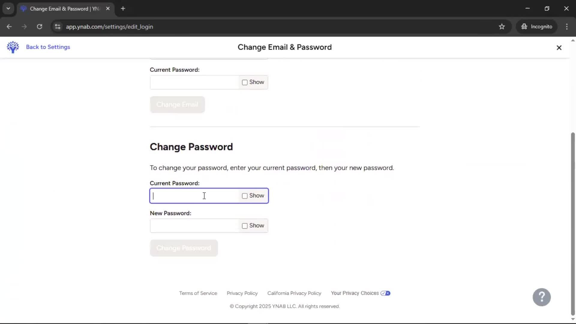 Changing password screenshot