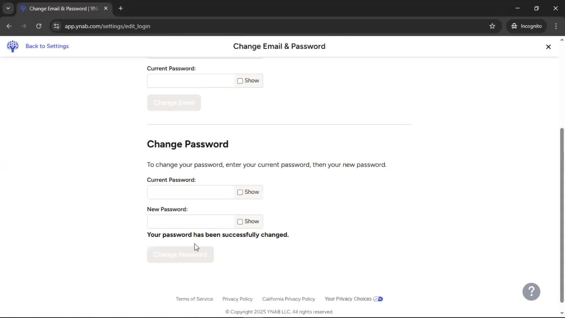 Changing password screenshot