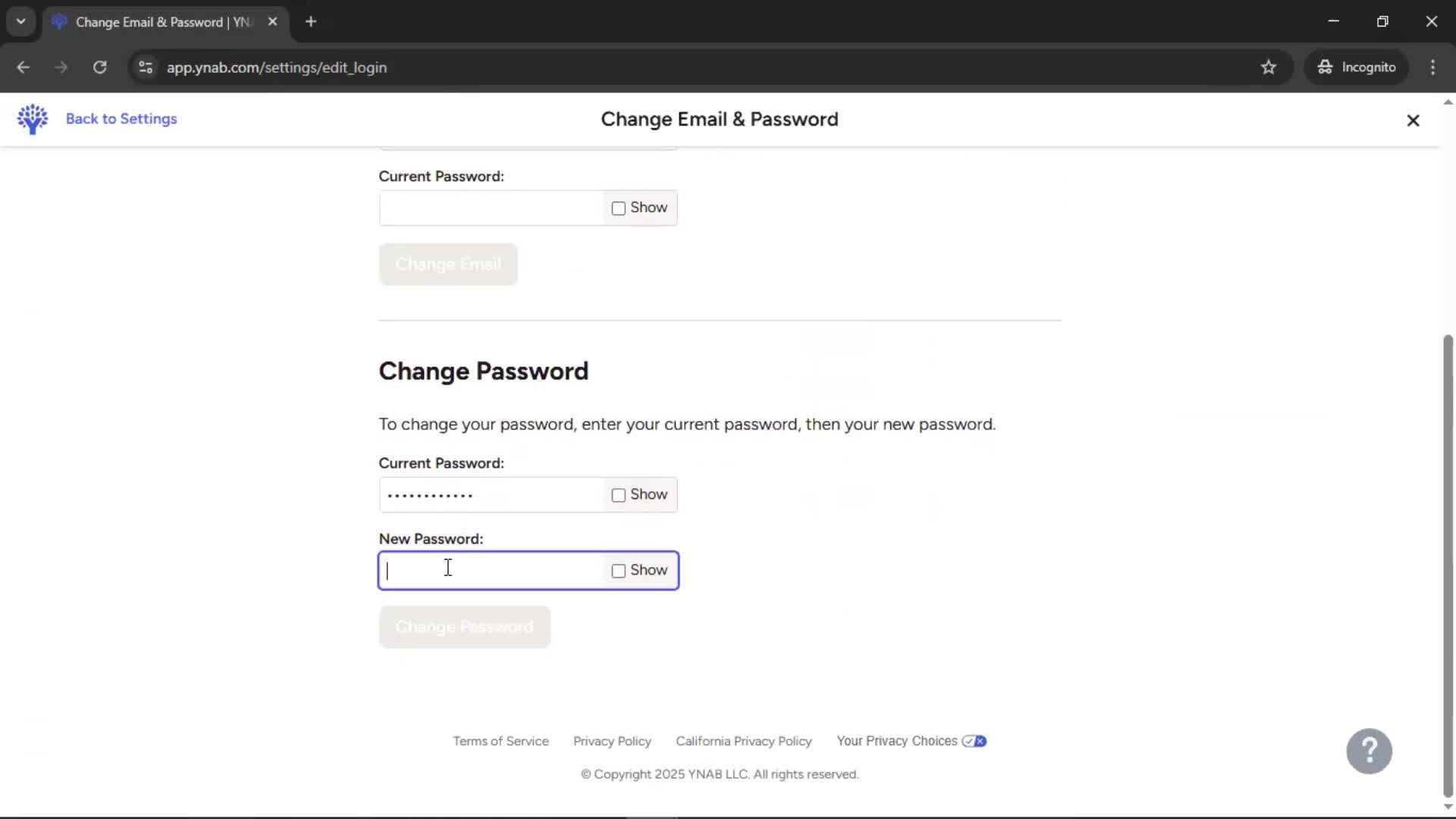Changing password screenshot
