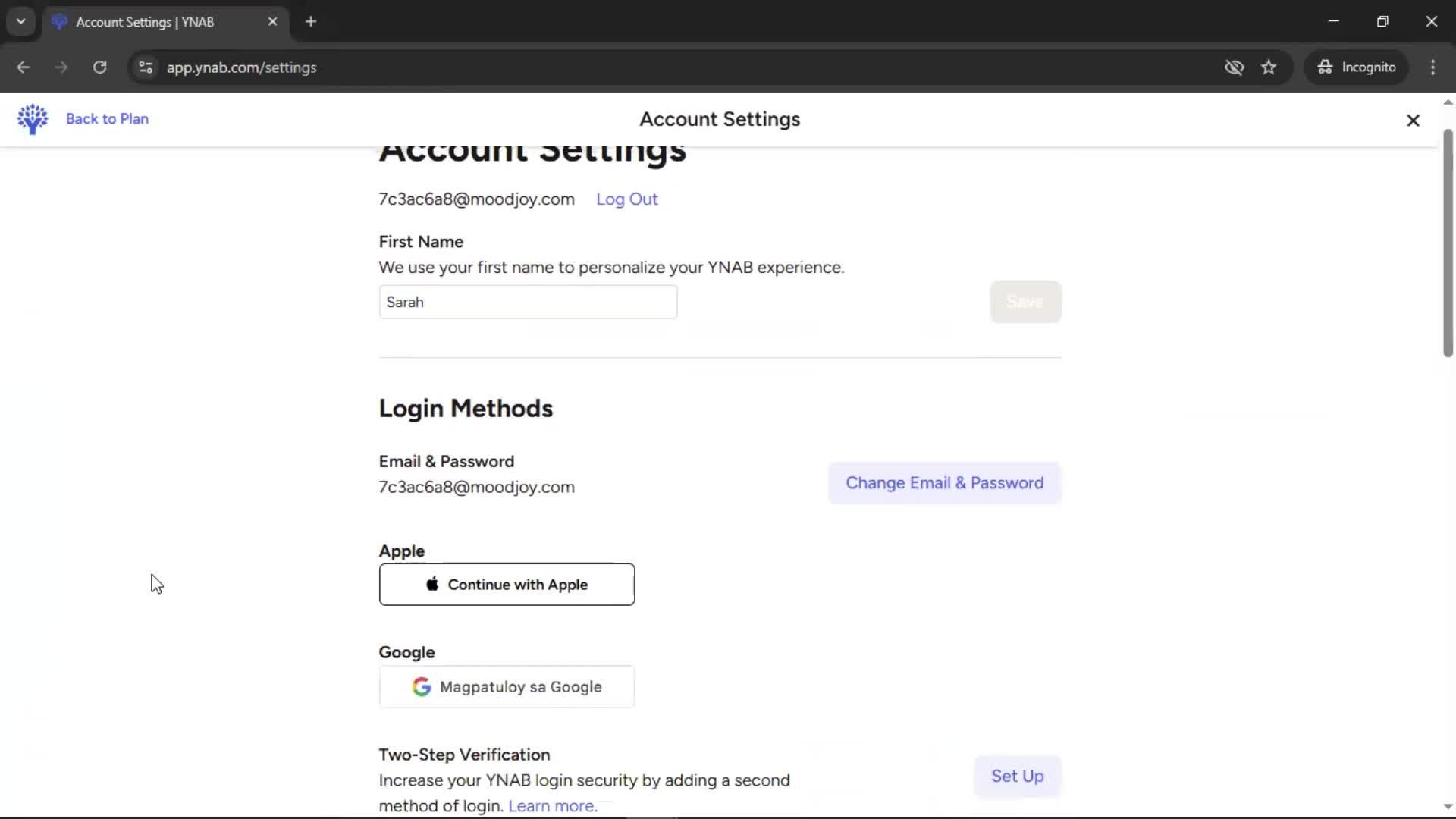 Changing password screenshot