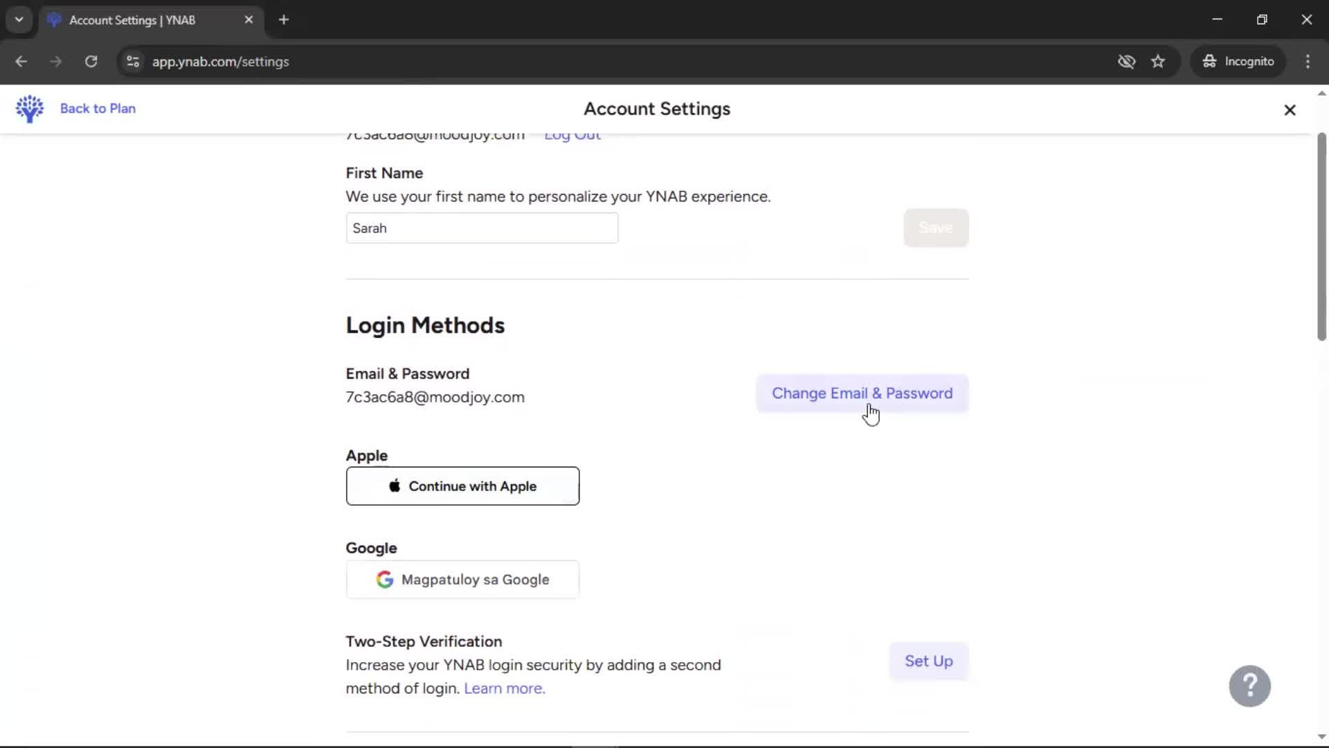 Changing password screenshot