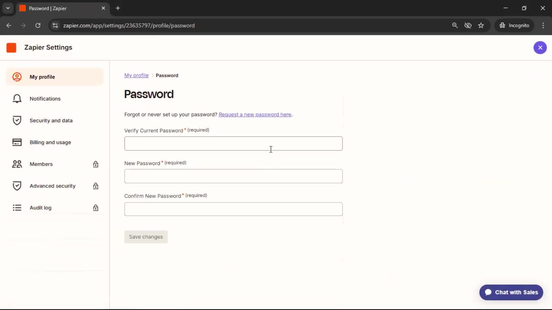 Changing password screenshot