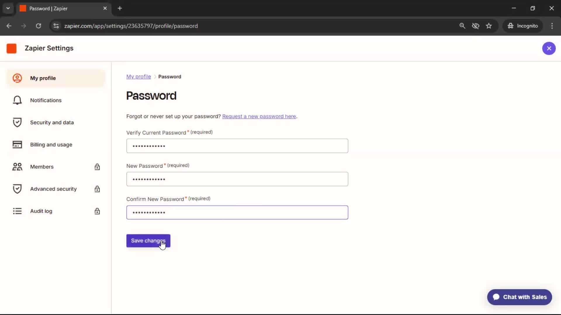 Changing password screenshot