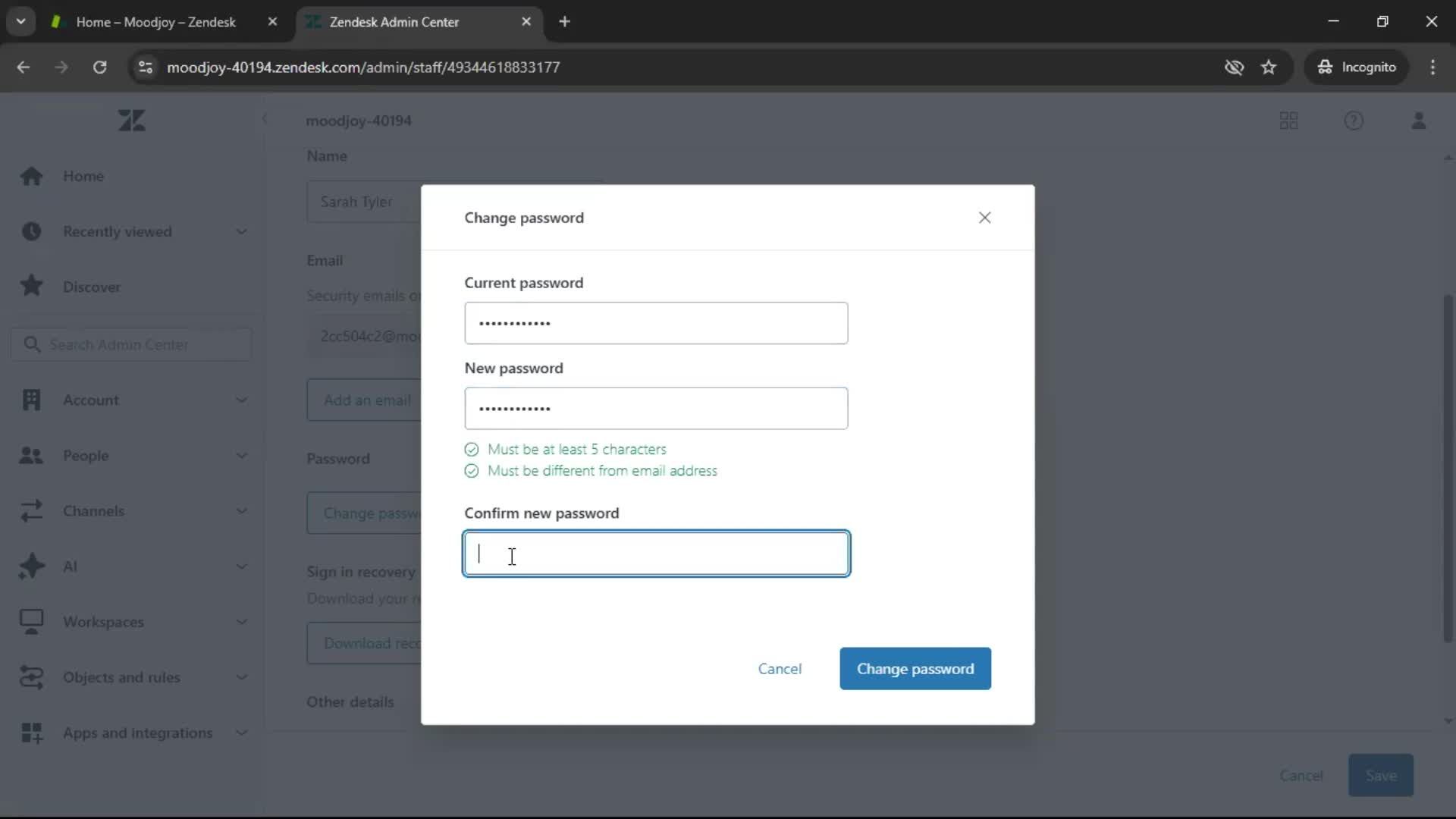 Changing password screenshot