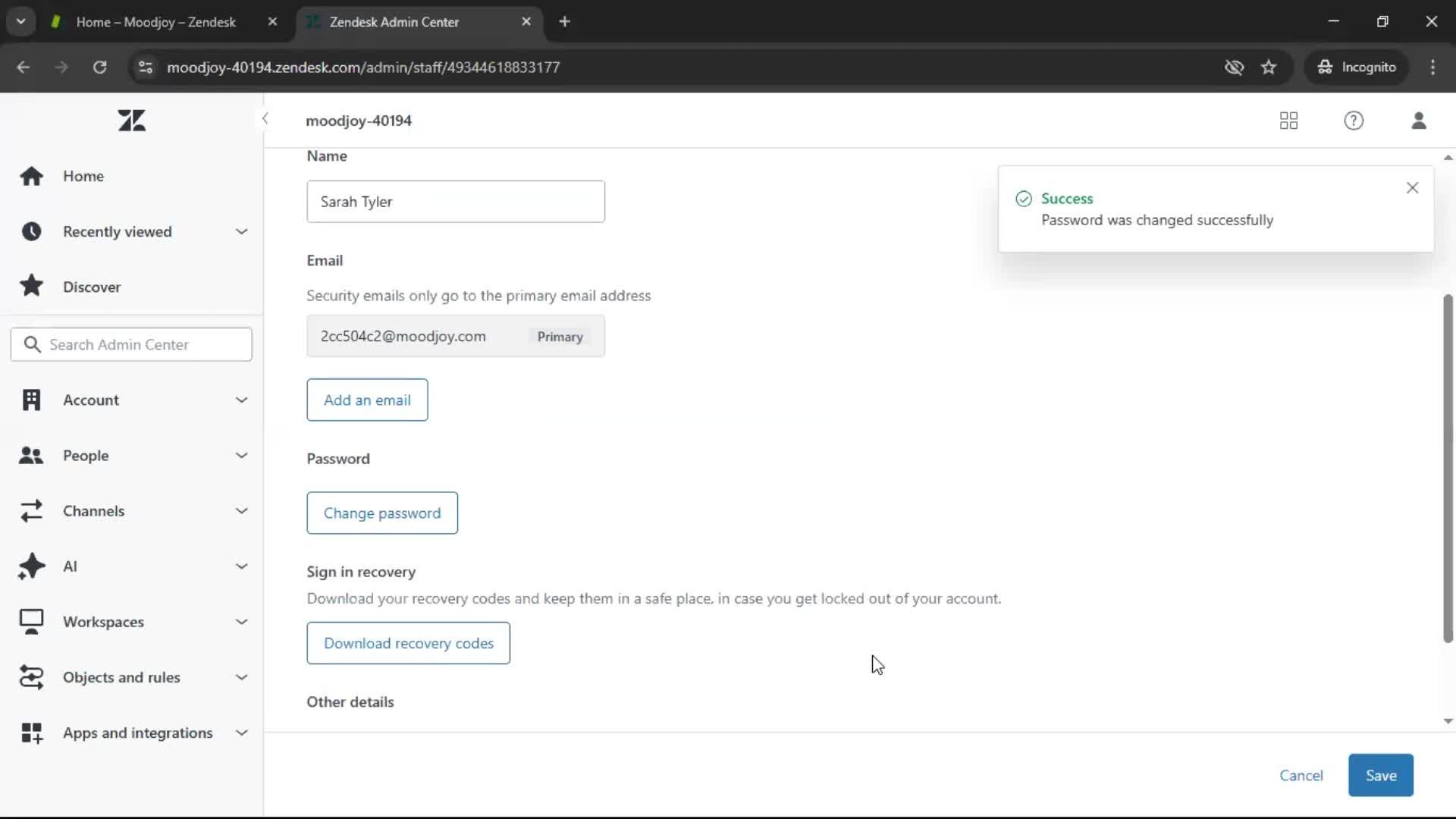 Changing password screenshot