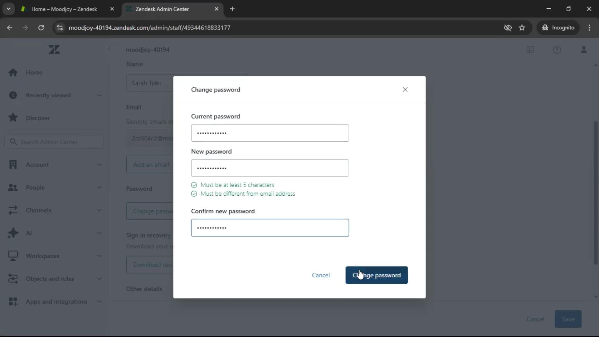 Changing password screenshot