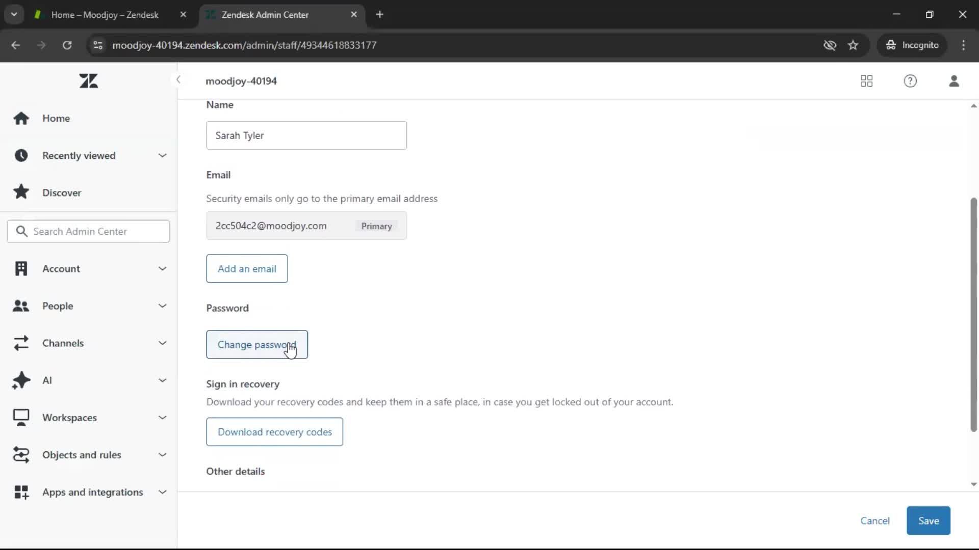 Changing password screenshot