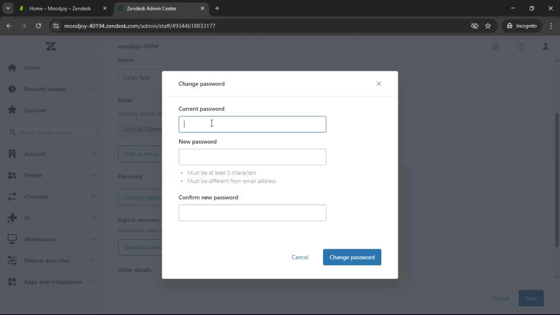Changing password screenshot