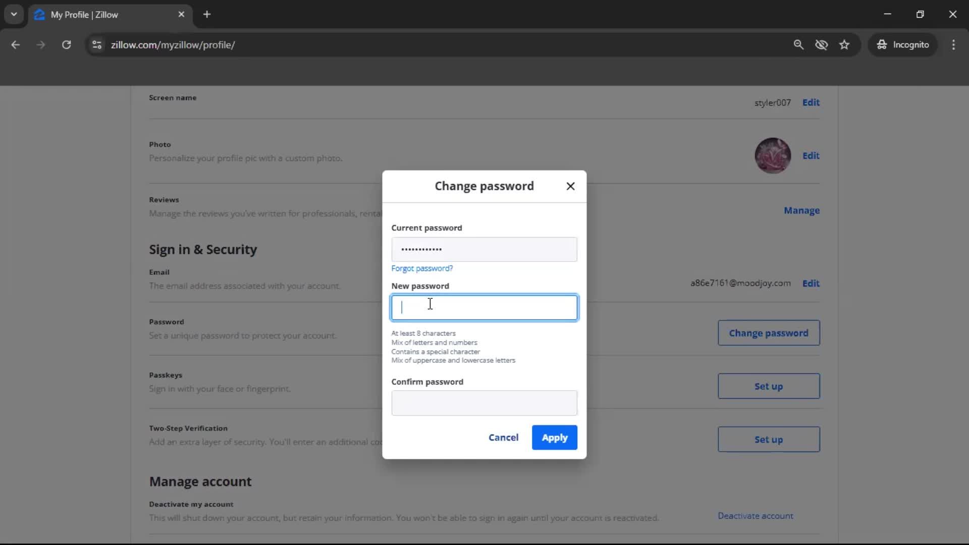 Changing password screenshot