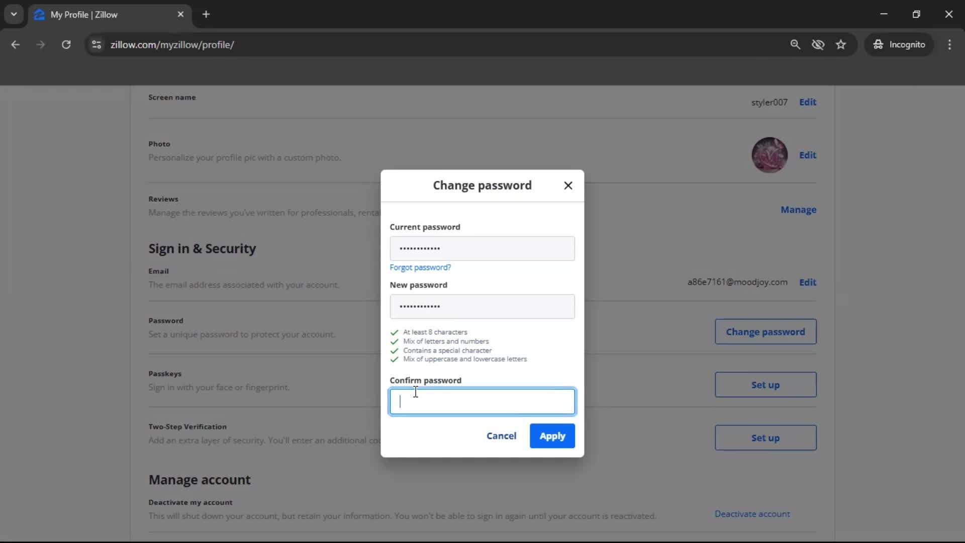 Changing password screenshot