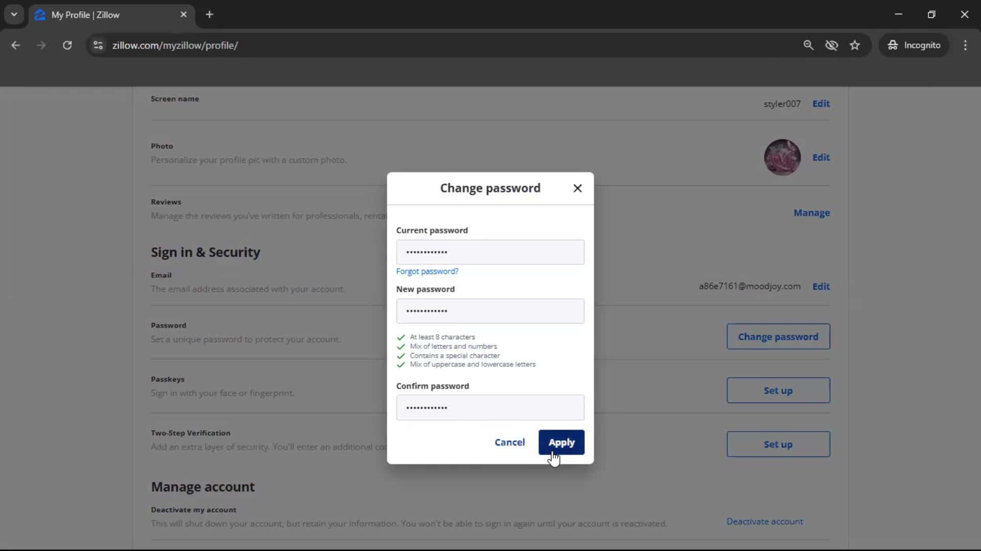 Changing password screenshot