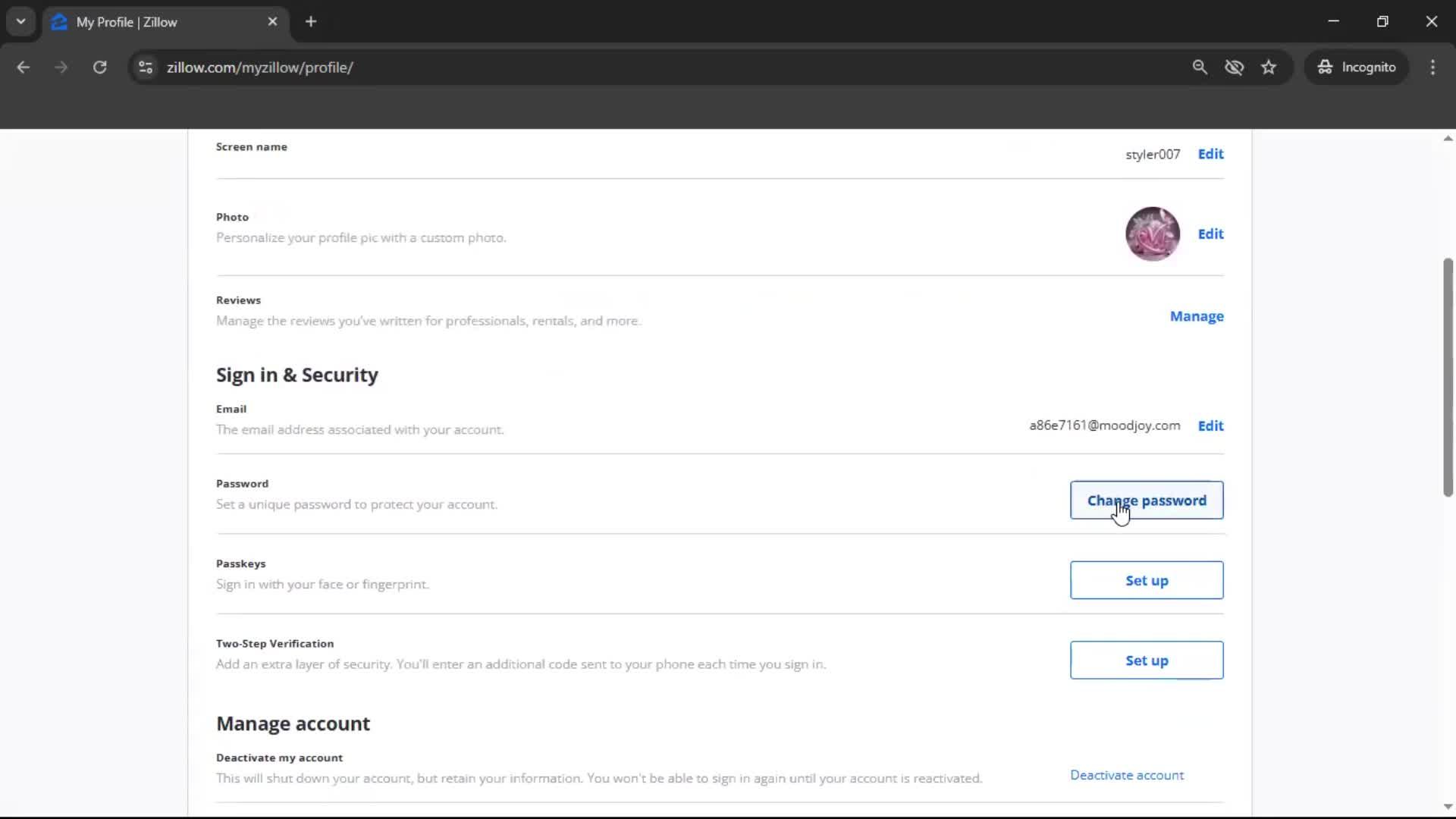 Changing password screenshot
