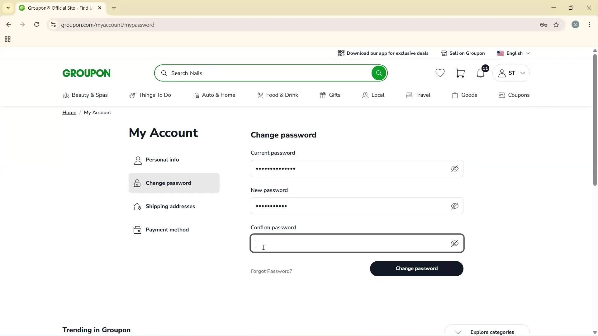 Changing password screenshot