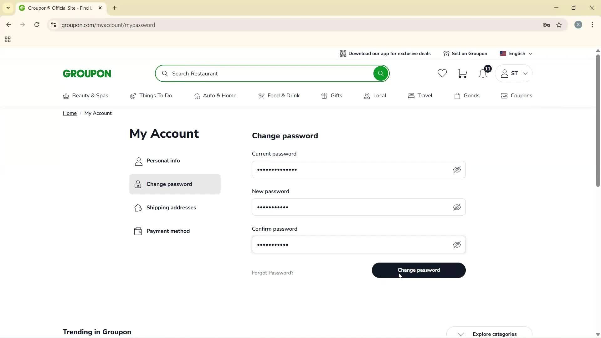 Changing password screenshot