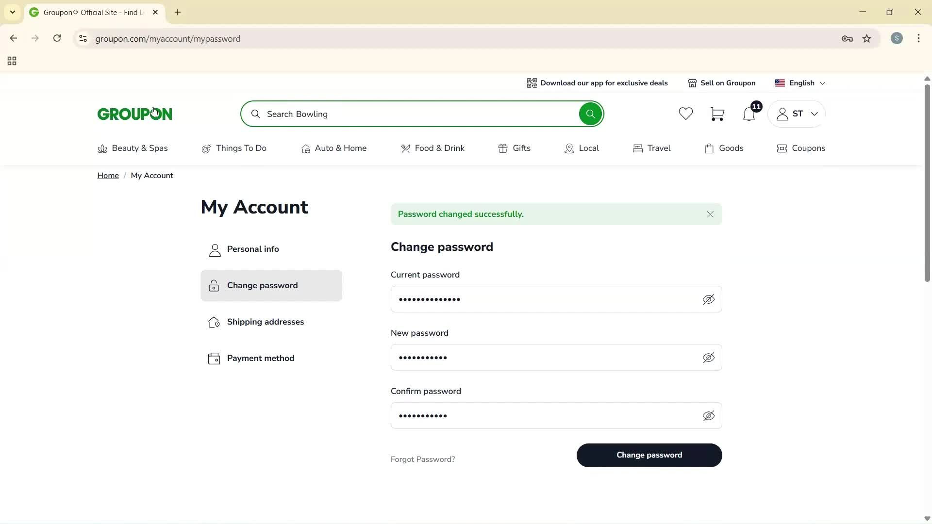 Changing password screenshot
