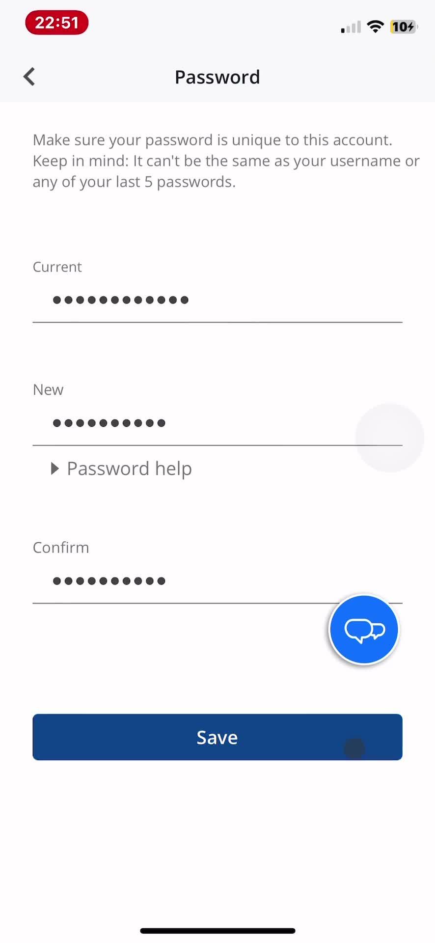 Changing password screenshot