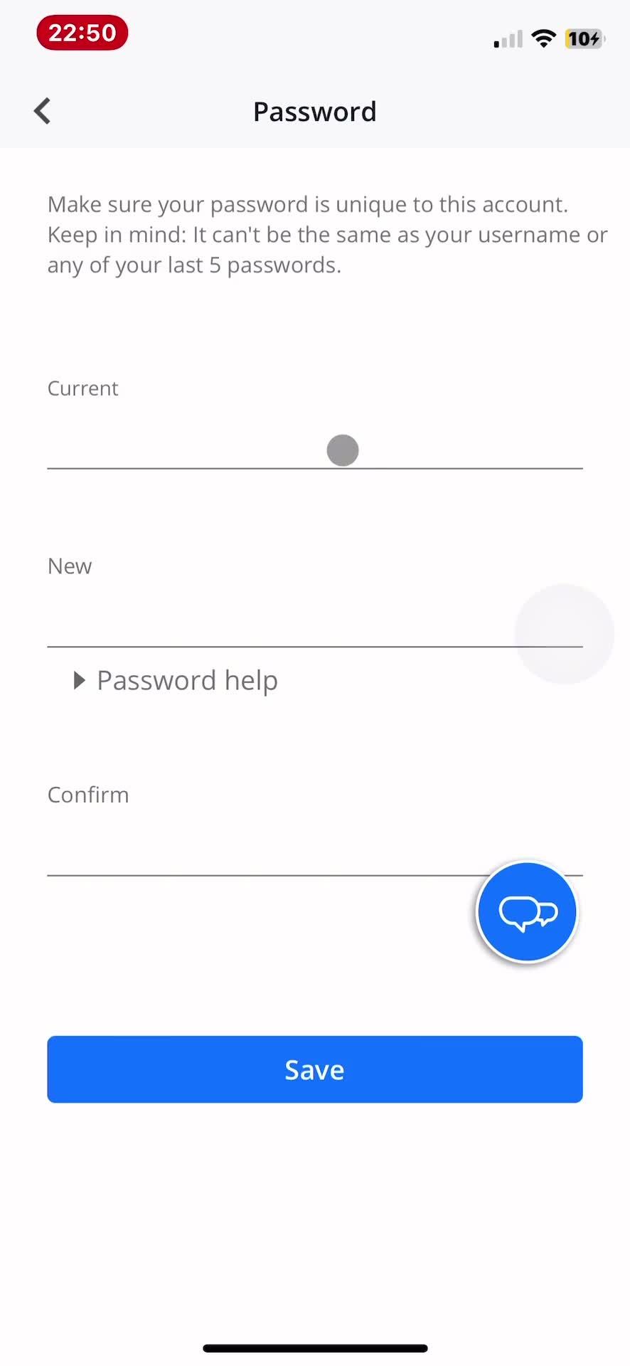 Changing password screenshot