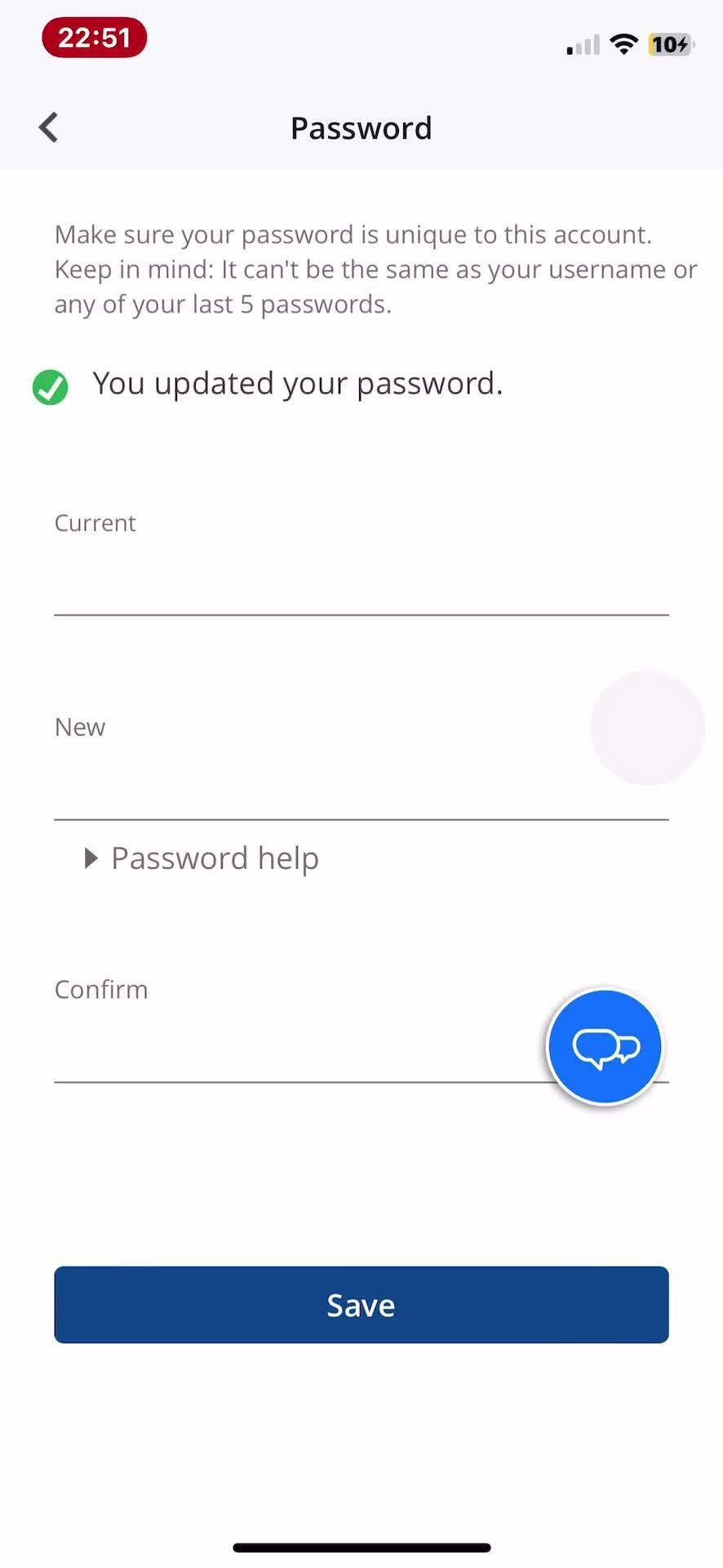 Changing password screenshot