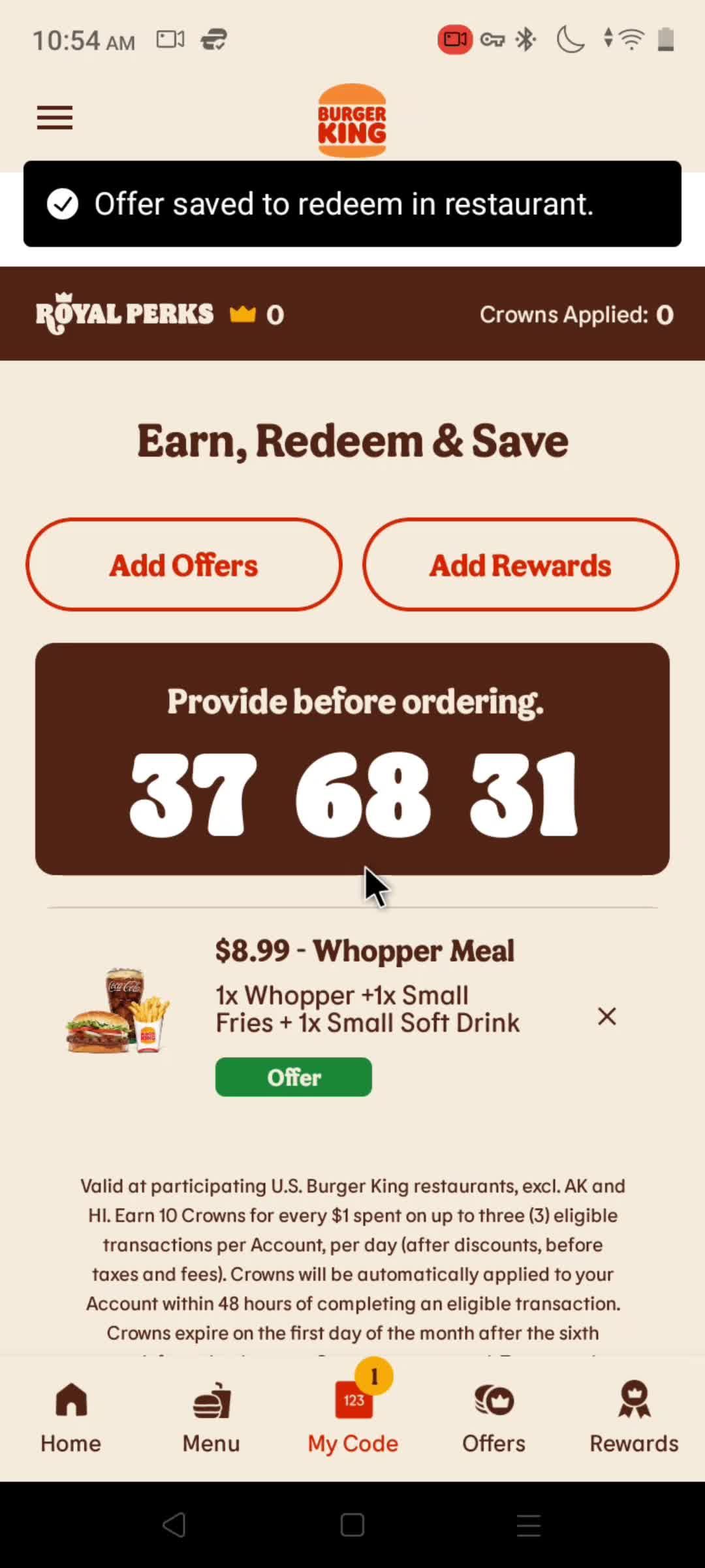 Redeeming an offer screenshot