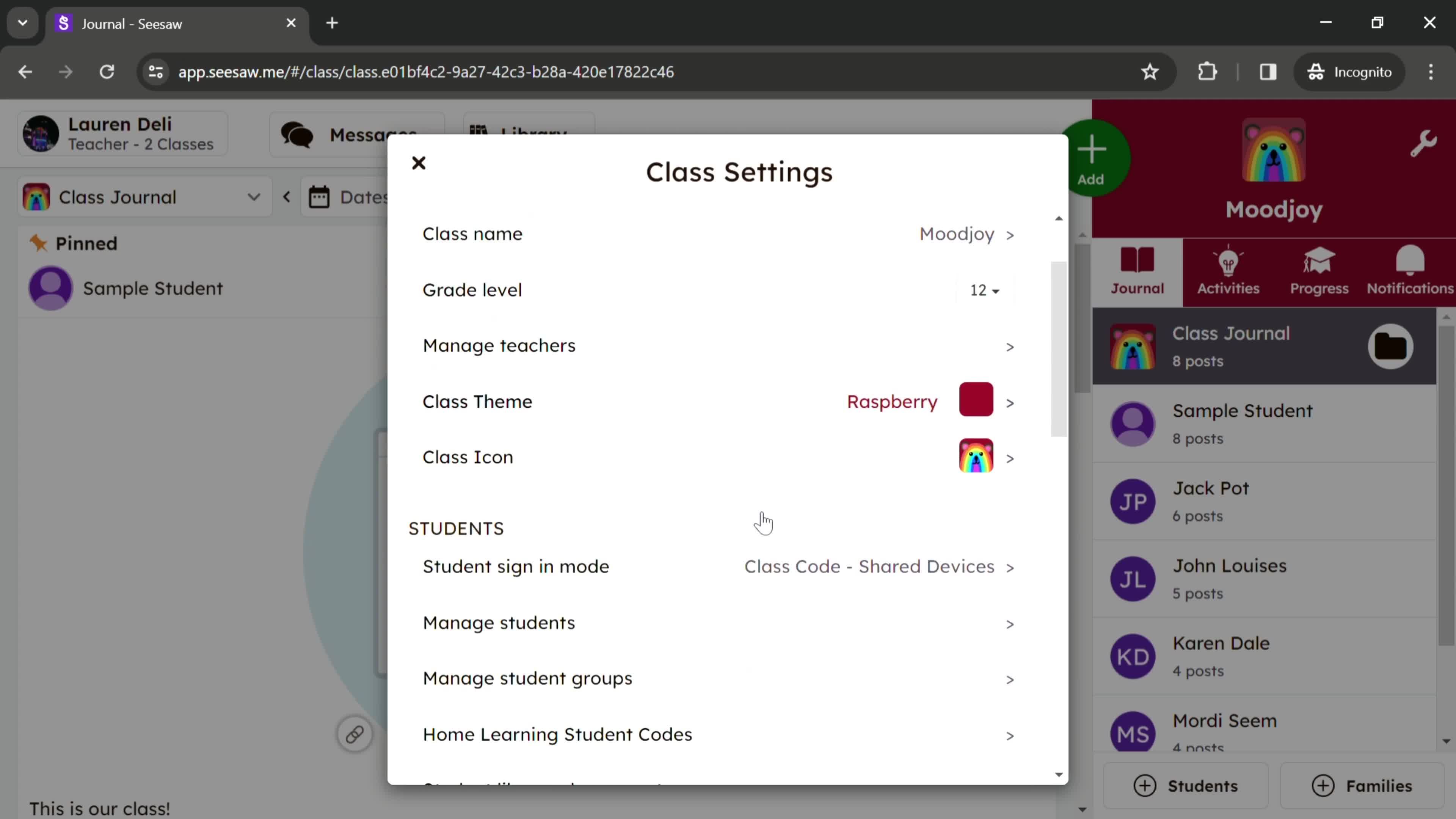 Class settings screenshot