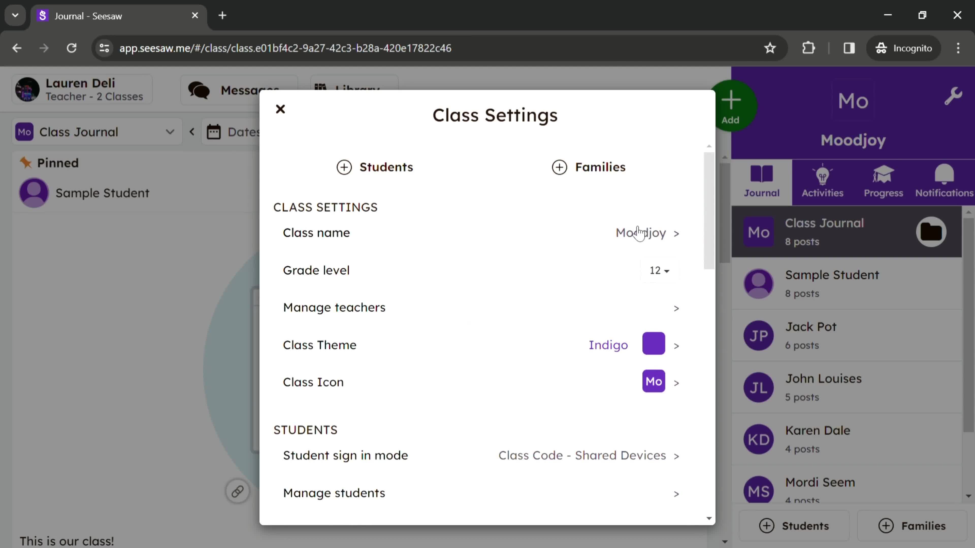 Class settings screenshot