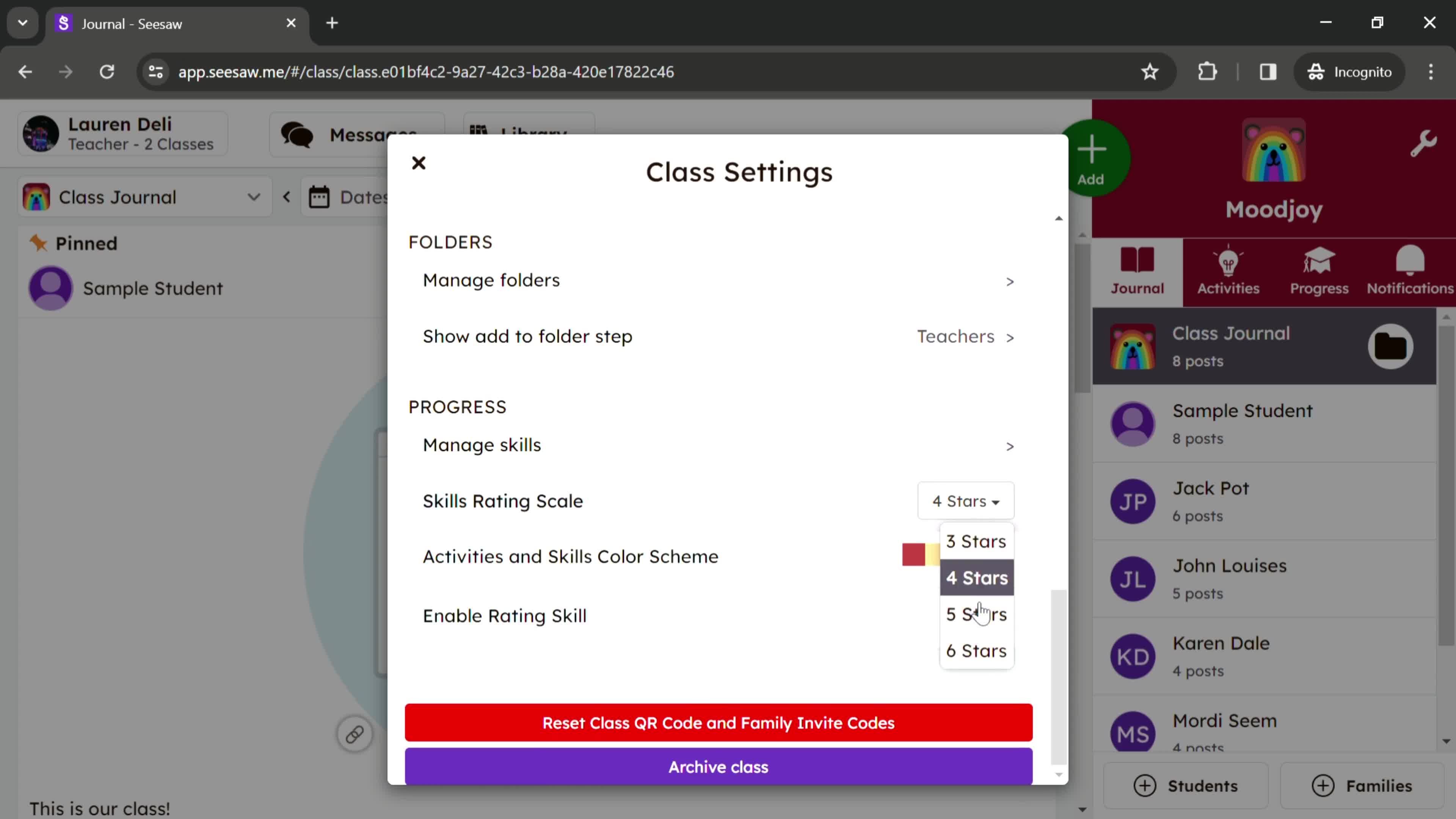 Class settings screenshot