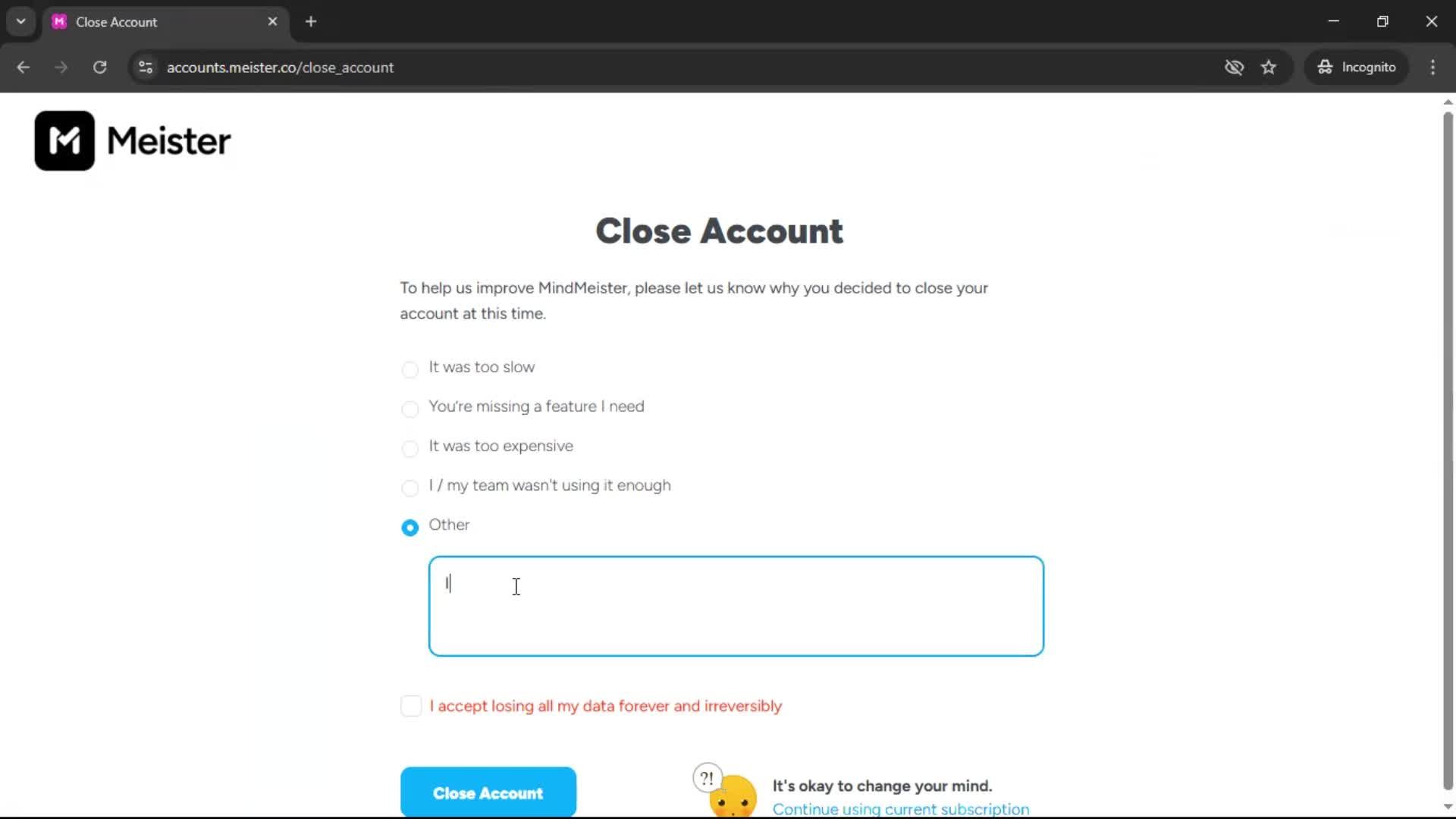 Closing your account screenshot