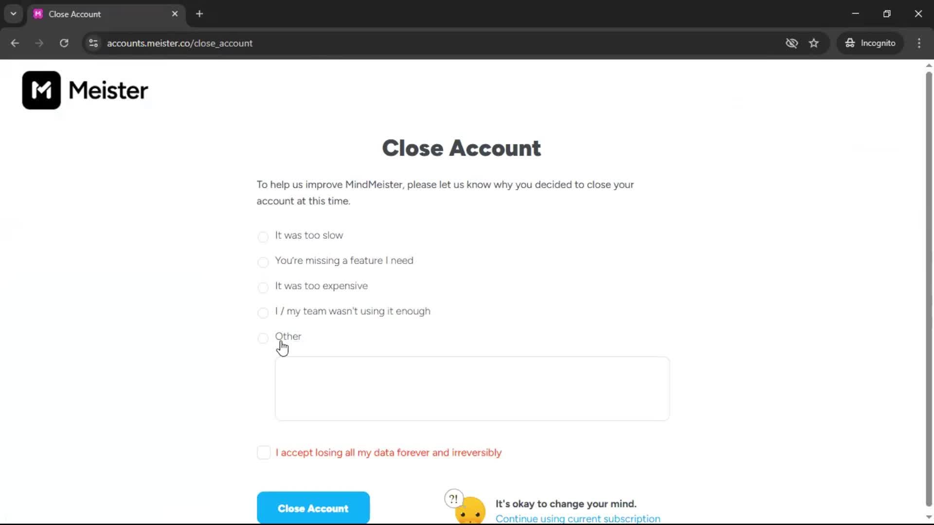 Closing your account screenshot